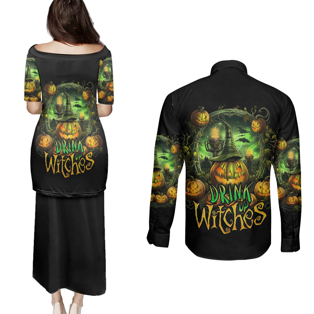 pumpkin-skull-couples-matching-puletasi-dress-and-long-sleeve-button-shirts-drink-up-witches