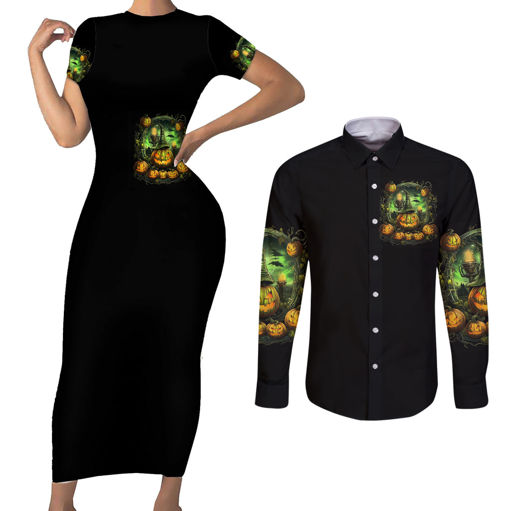 pumpkin-skull-couples-matching-short-sleeve-bodycon-dress-and-long-sleeve-button-shirts-drink-up-witches
