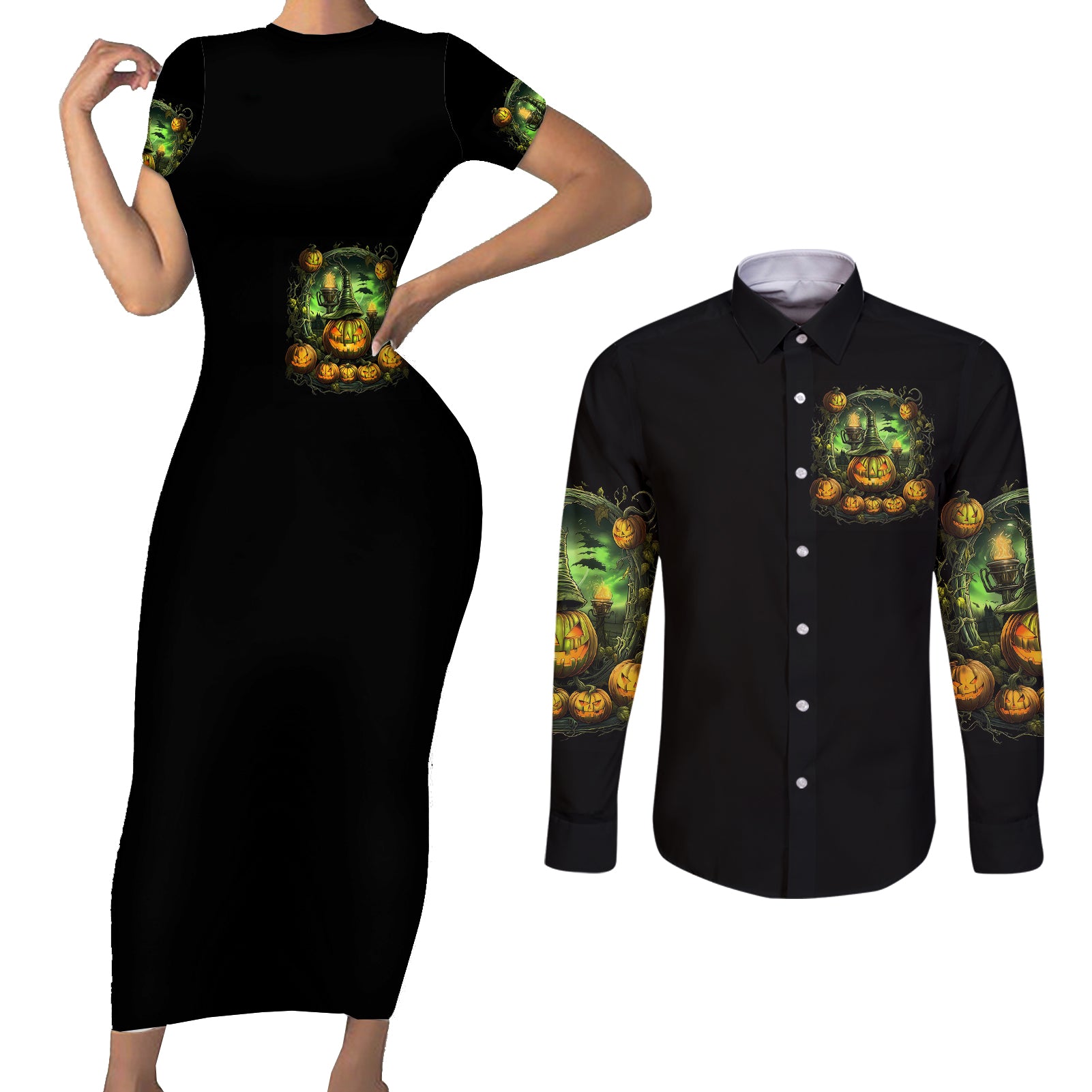 pumpkin-skull-couples-matching-short-sleeve-bodycon-dress-and-long-sleeve-button-shirts-drink-up-witches