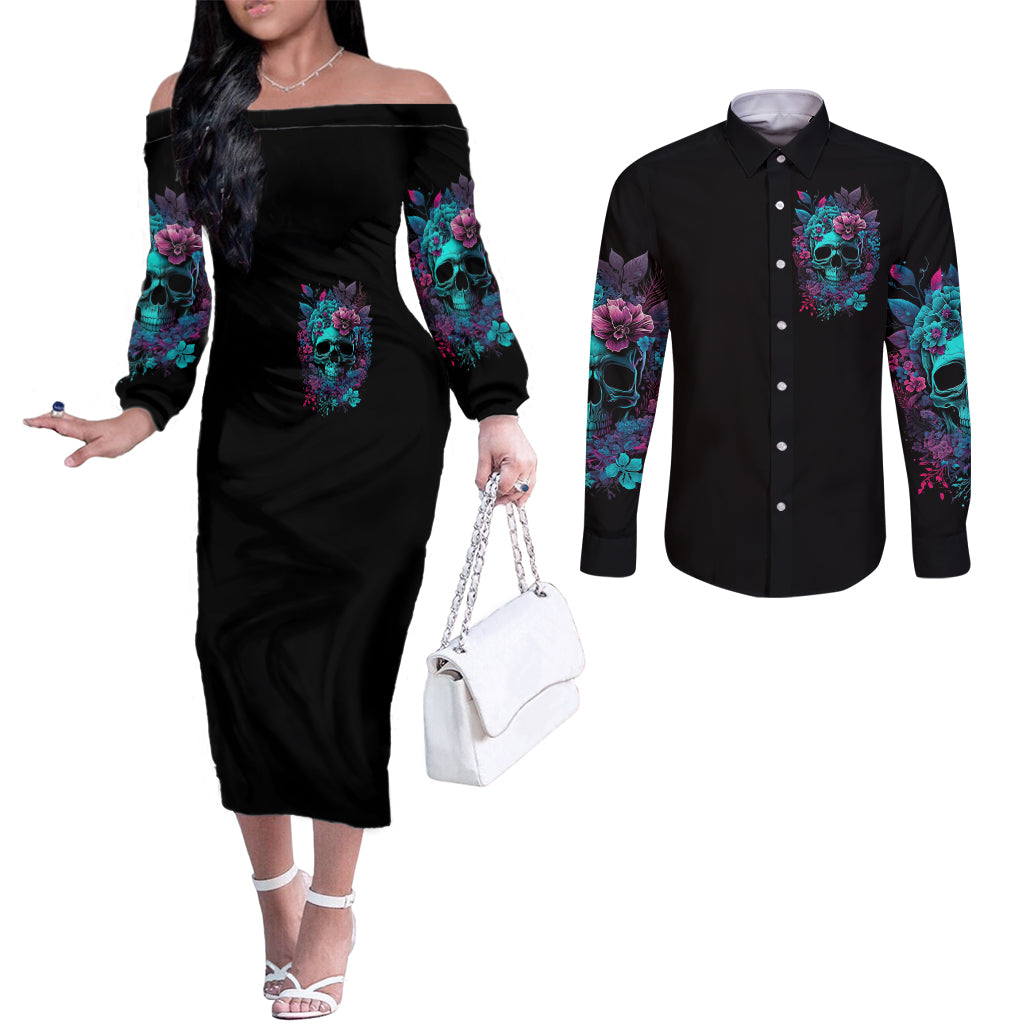 flower-skull-couples-matching-off-the-shoulder-long-sleeve-dress-and-long-sleeve-button-shirts-hello-darkness-my-old-friend
