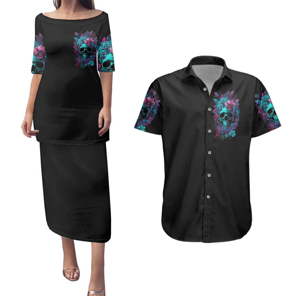 flower-skull-couples-matching-puletasi-dress-and-hawaiian-shirt-hello-darkness-my-old-friend