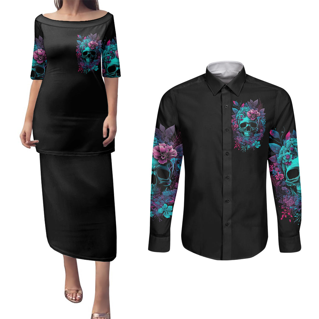 flower-skull-couples-matching-puletasi-dress-and-long-sleeve-button-shirts-hello-darkness-my-old-friend