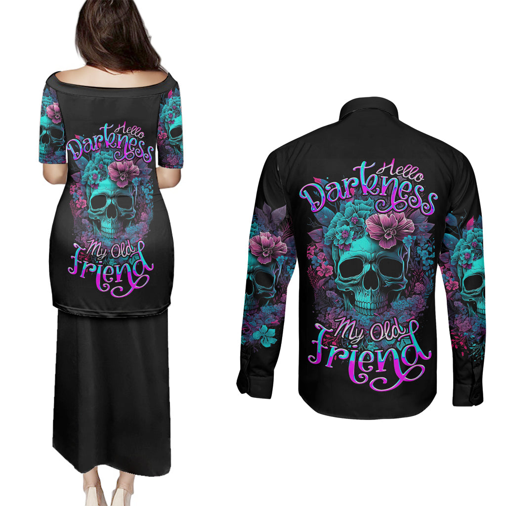 flower-skull-couples-matching-puletasi-dress-and-long-sleeve-button-shirts-hello-darkness-my-old-friend