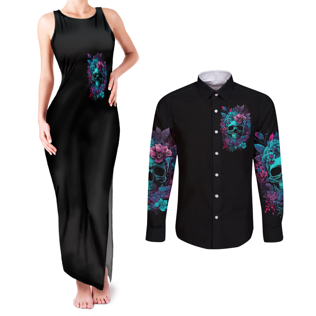 flower-skull-couples-matching-tank-maxi-dress-and-long-sleeve-button-shirts-hello-darkness-my-old-friend