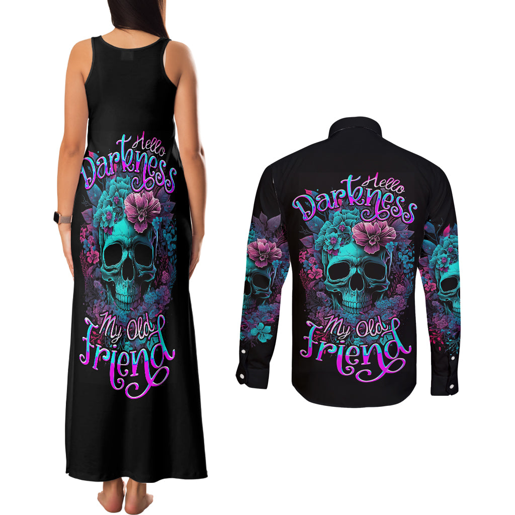 flower-skull-couples-matching-tank-maxi-dress-and-long-sleeve-button-shirts-hello-darkness-my-old-friend