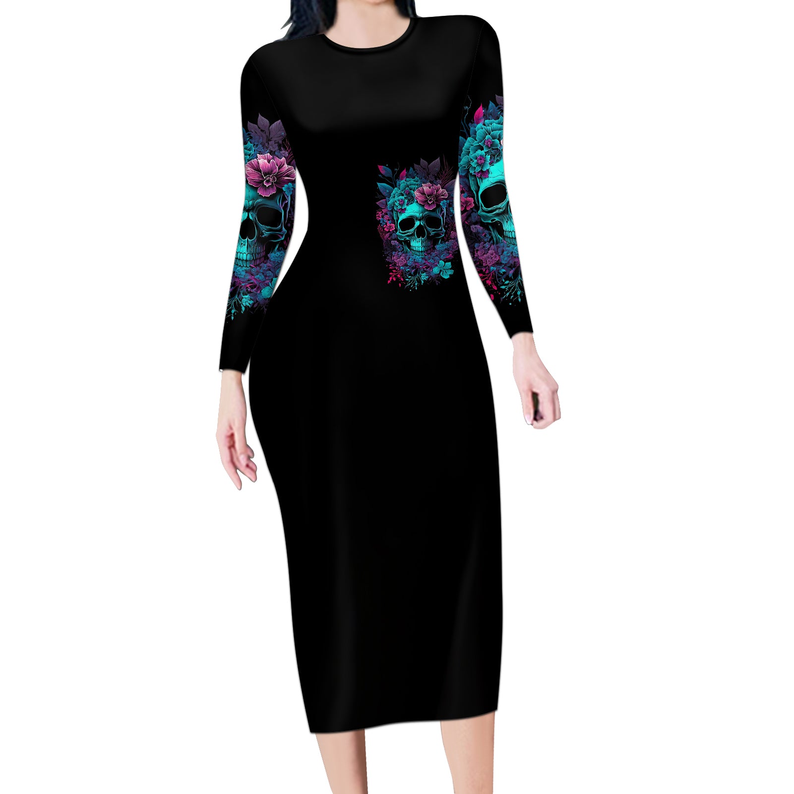 flower-skull-long-sleeve-bodycon-dress-hello-darkness-my-old-friend