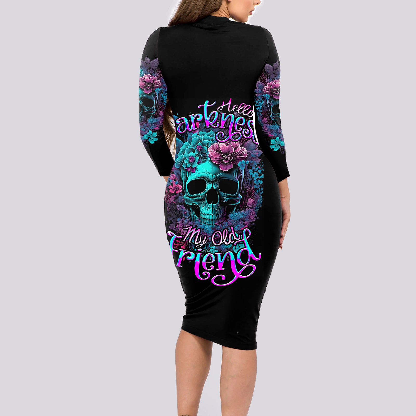 flower-skull-long-sleeve-bodycon-dress-hello-darkness-my-old-friend