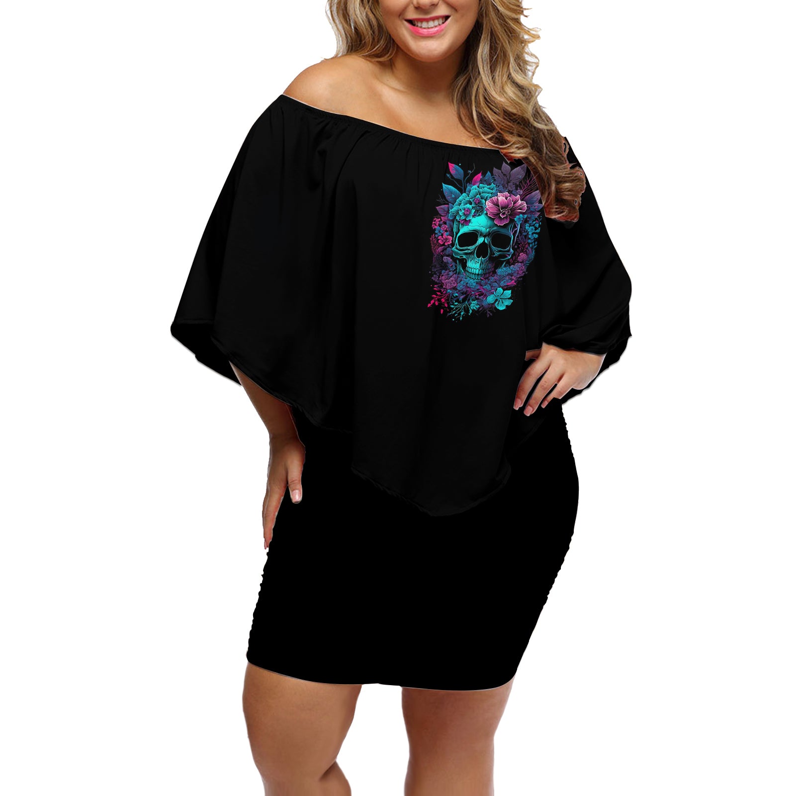 flower-skull-off-shoulder-short-dress-hello-darkness-my-old-friend