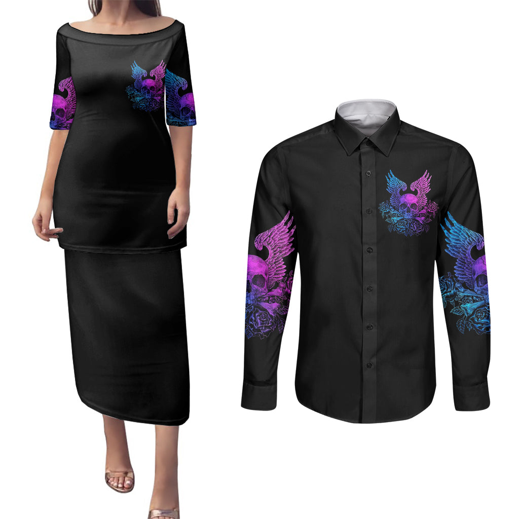 wings-skull-couples-matching-puletasi-dress-and-long-sleeve-button-shirts-heaven-dont-want-me-hell-afraid-i-take-over