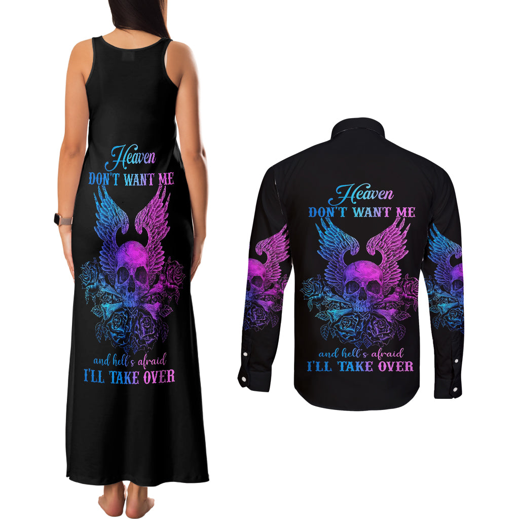 wings-skull-couples-matching-tank-maxi-dress-and-long-sleeve-button-shirts-heaven-dont-want-me-hell-afraid-i-take-over