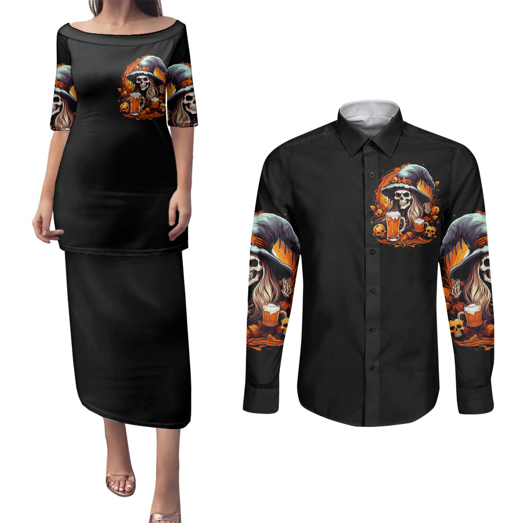 witch-skull-couples-matching-puletasi-dress-and-long-sleeve-button-shirts-hello-darkness-my-old-friend-i-come-to-drink-with-you