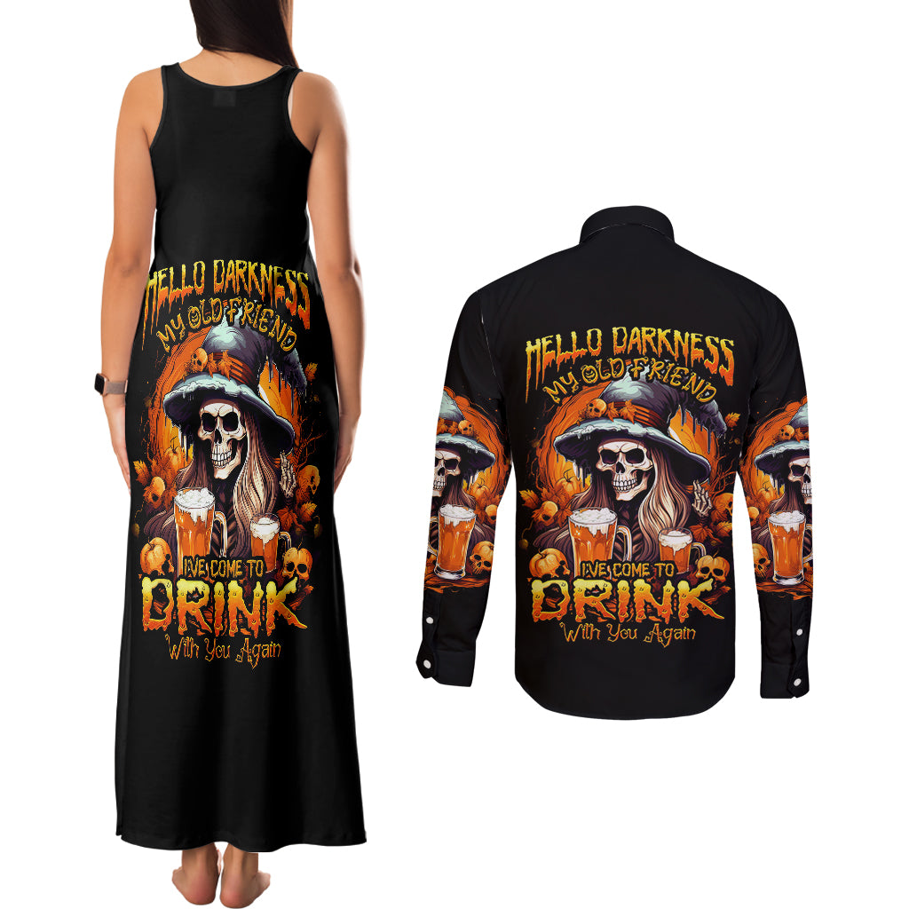 witch-skull-couples-matching-tank-maxi-dress-and-long-sleeve-button-shirts-hello-darkness-my-old-friend-i-come-to-drink-with-you