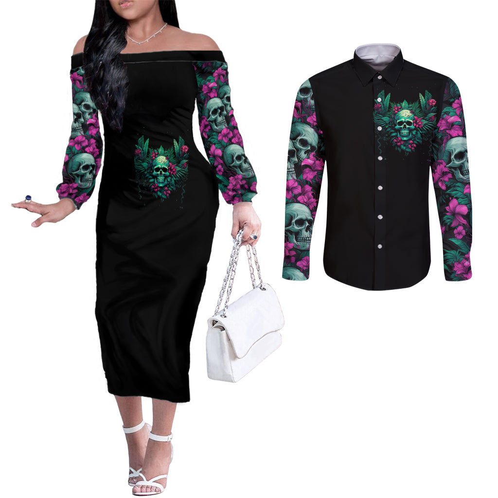 tropical-skull-couples-matching-off-the-shoulder-long-sleeve-dress-and-long-sleeve-button-shirts-im-blunt-because-god-rolled-me-that-way