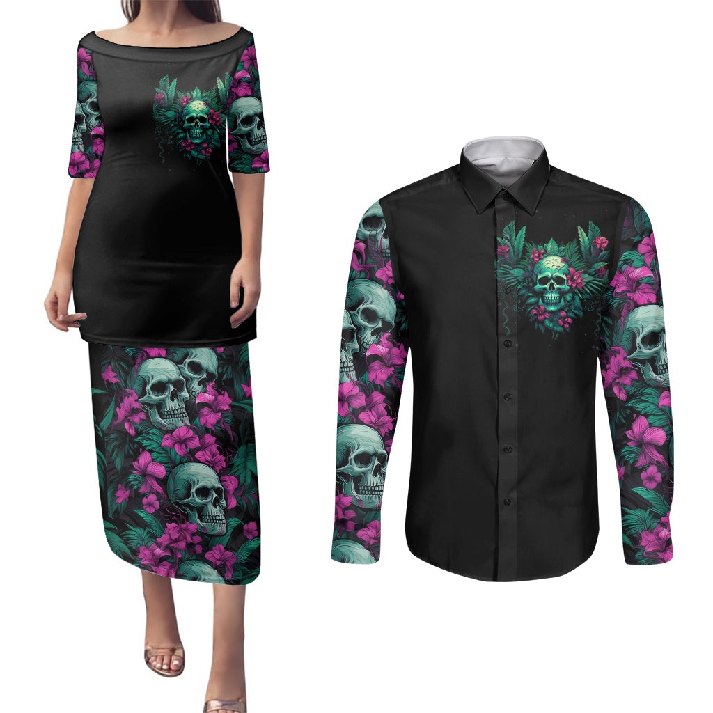 tropical-skull-couples-matching-puletasi-dress-and-long-sleeve-button-shirts-im-blunt-because-god-rolled-me-that-way