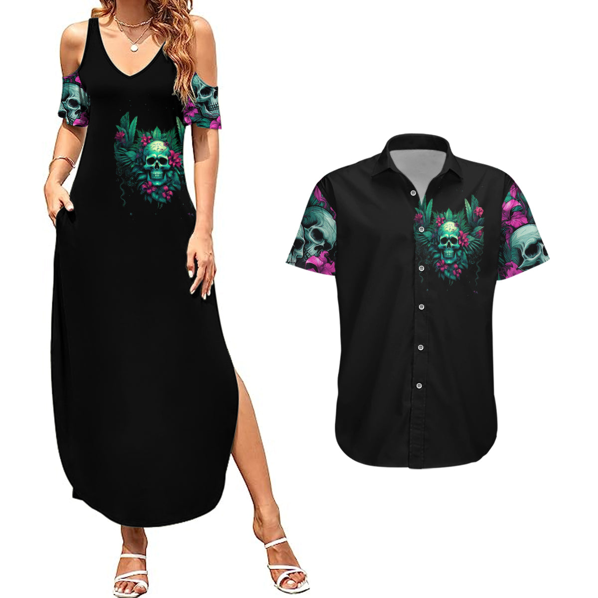 tropical-skull-couples-matching-summer-maxi-dress-and-hawaiian-shirt-im-blunt-because-god-rolled-me-that-way
