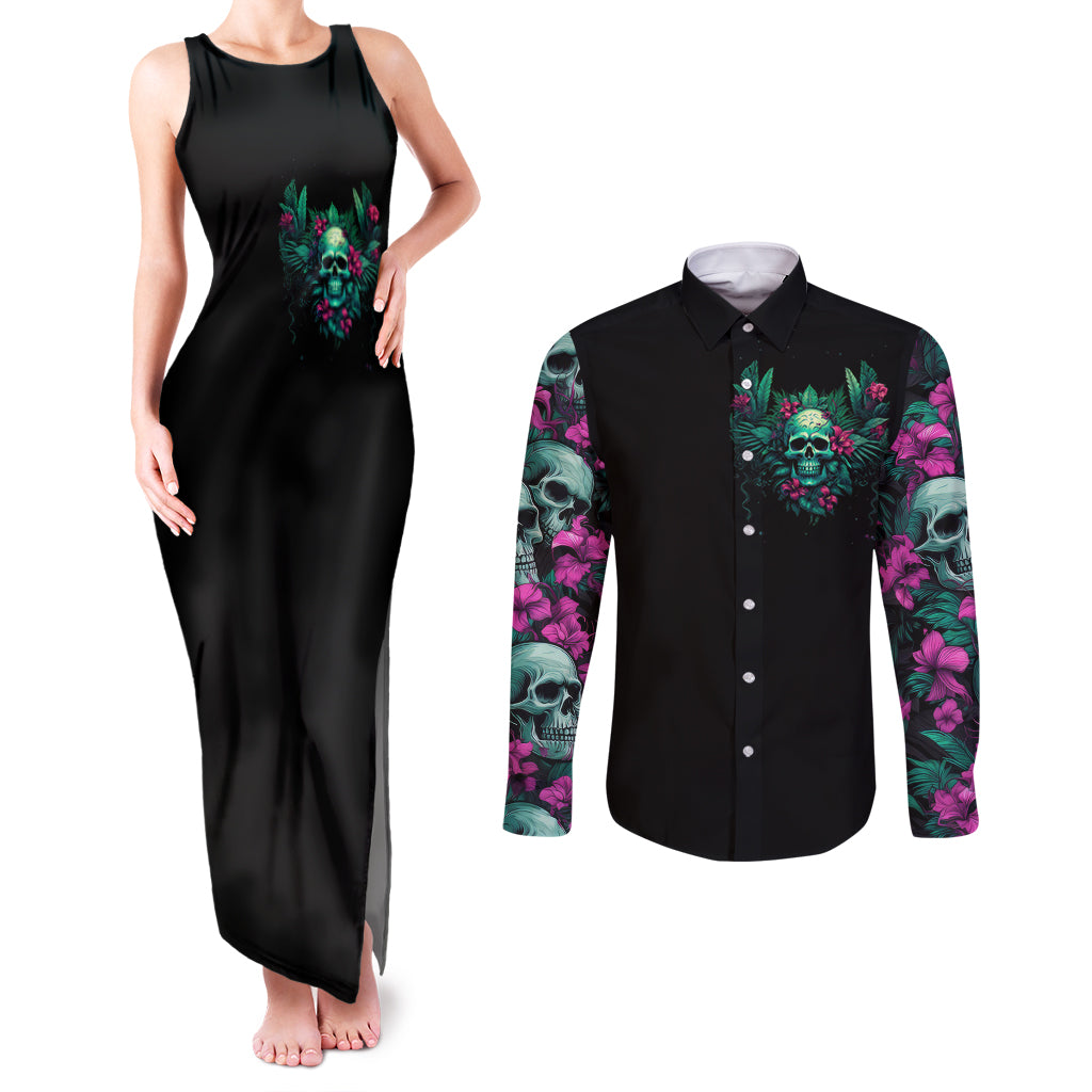 tropical-skull-couples-matching-tank-maxi-dress-and-long-sleeve-button-shirts-im-blunt-because-god-rolled-me-that-way