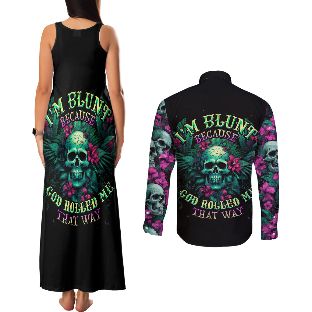 tropical-skull-couples-matching-tank-maxi-dress-and-long-sleeve-button-shirts-im-blunt-because-god-rolled-me-that-way