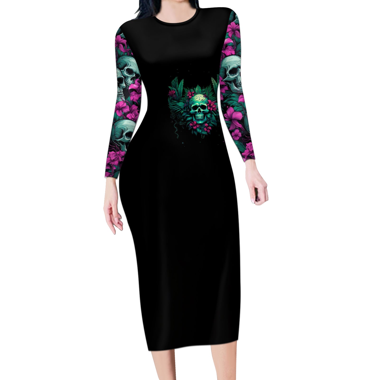 tropical-skull-long-sleeve-bodycon-dress-im-blunt-because-god-rolled-me-that-way