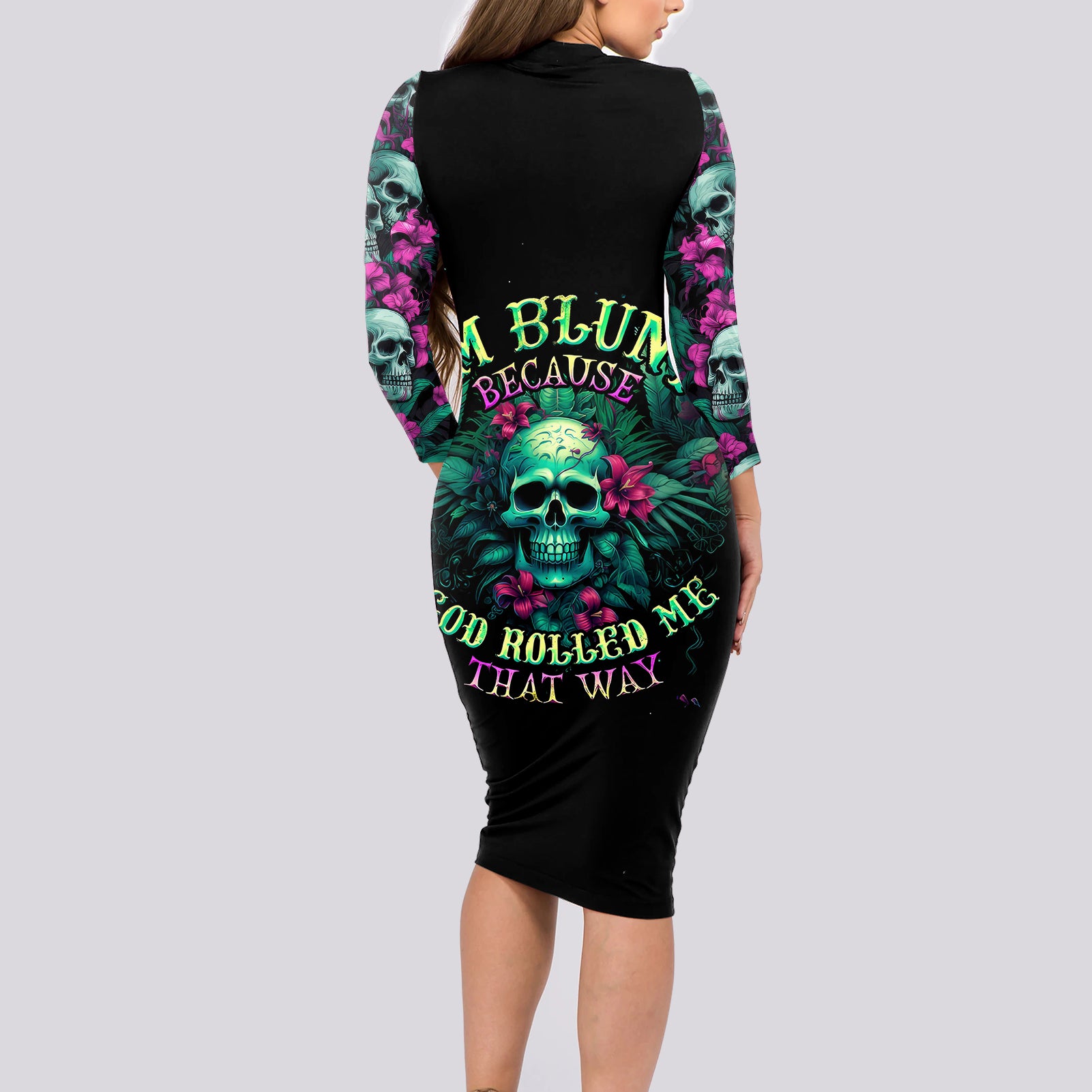 tropical-skull-long-sleeve-bodycon-dress-im-blunt-because-god-rolled-me-that-way