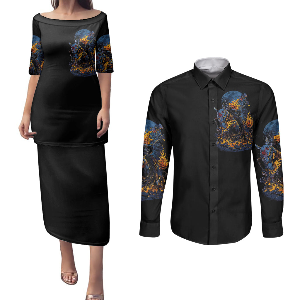 jack-o-lantern-skull-couples-matching-puletasi-dress-and-long-sleeve-button-shirts-i-can-fix-stupid-but-its-gonna-hurt