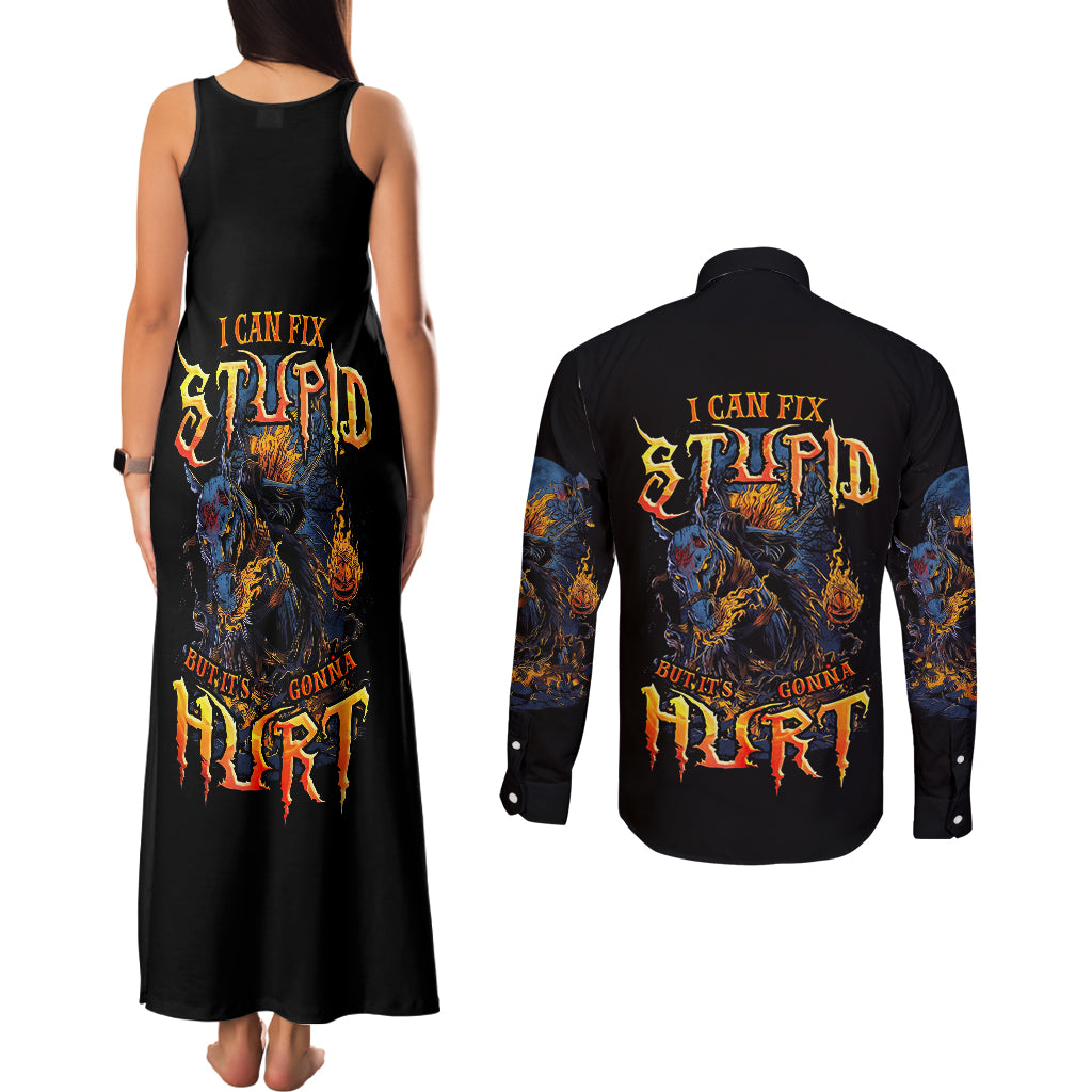 jack-o-lantern-skull-couples-matching-tank-maxi-dress-and-long-sleeve-button-shirts-i-can-fix-stupid-but-its-gonna-hurt
