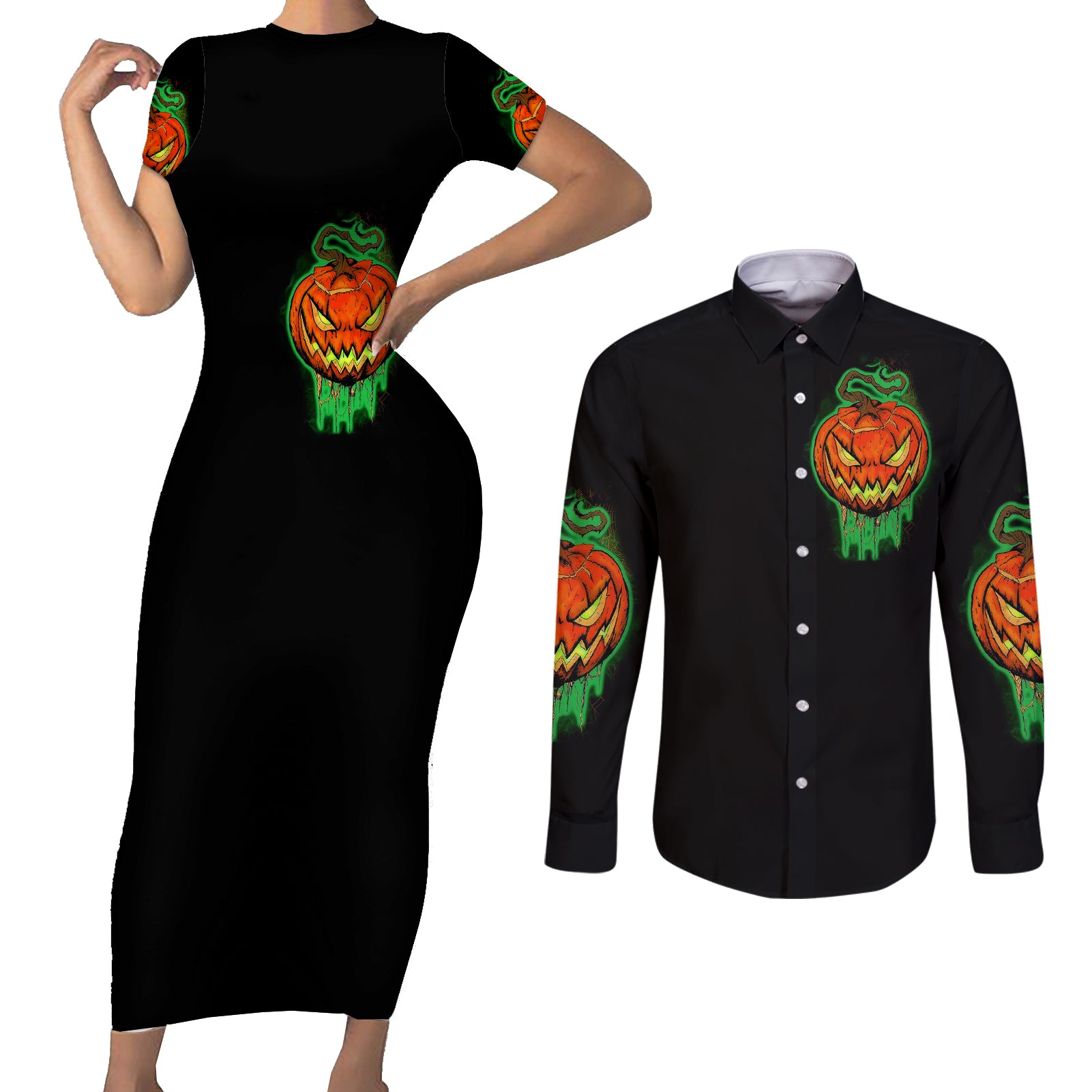 jack-o-lantern-skull-couples-matching-short-sleeve-bodycon-dress-and-long-sleeve-button-shirts-i-smell-children