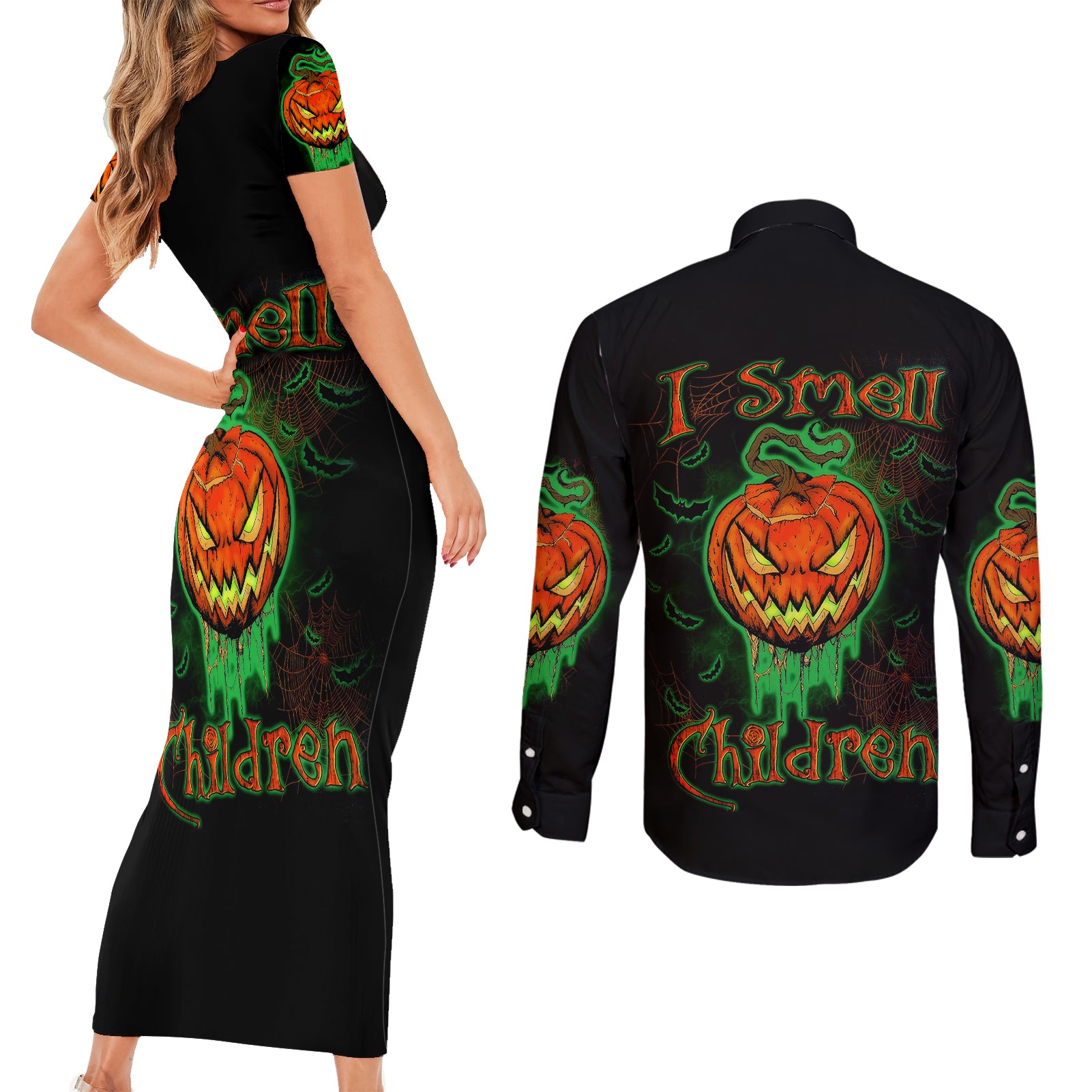 jack-o-lantern-skull-couples-matching-short-sleeve-bodycon-dress-and-long-sleeve-button-shirts-i-smell-children