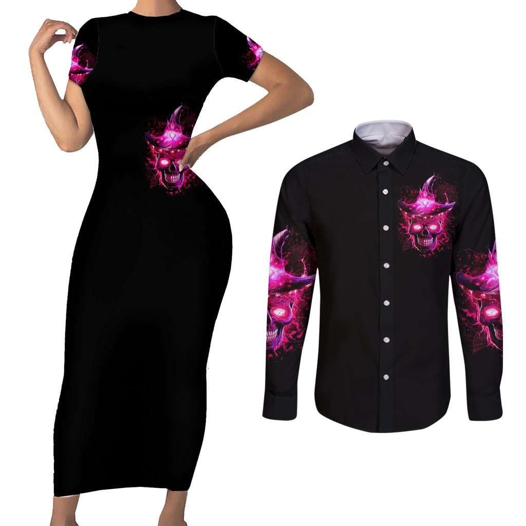 witch-skull-couples-matching-short-sleeve-bodycon-dress-and-long-sleeve-button-shirts-iam-the-spell