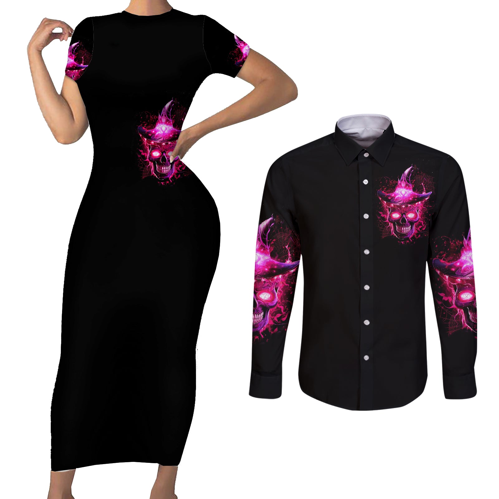 witch-skull-couples-matching-short-sleeve-bodycon-dress-and-long-sleeve-button-shirts-iam-the-spell
