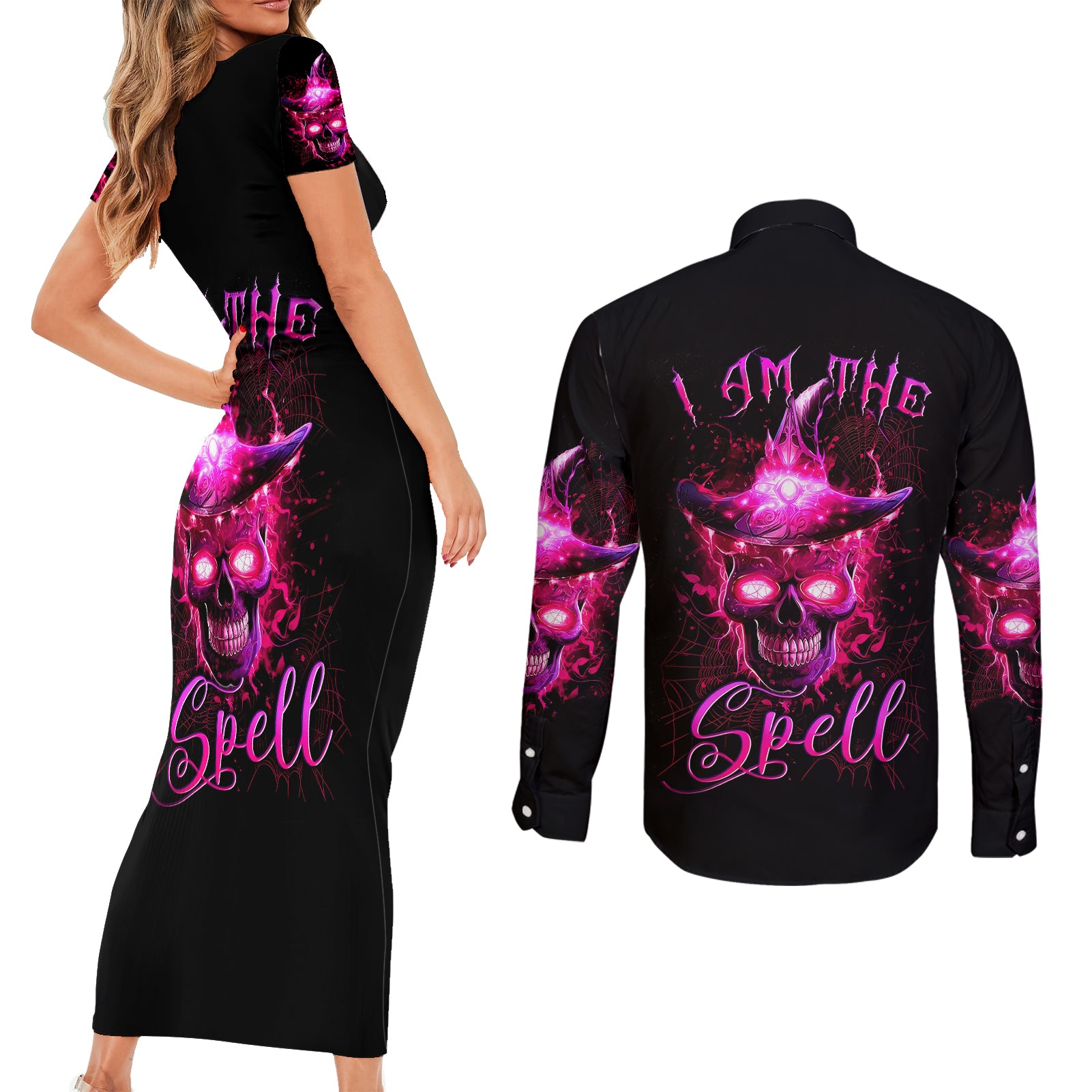 witch-skull-couples-matching-short-sleeve-bodycon-dress-and-long-sleeve-button-shirts-iam-the-spell