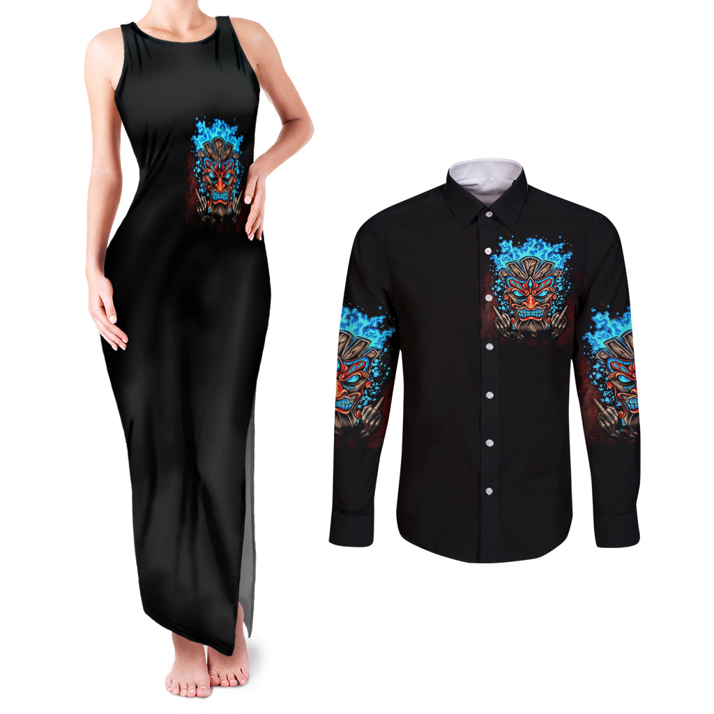 tiki-skull-couples-matching-tank-maxi-dress-and-long-sleeve-button-shirts-i-give-a-fuck-is-broken-but-my-go-fuck-yourself
