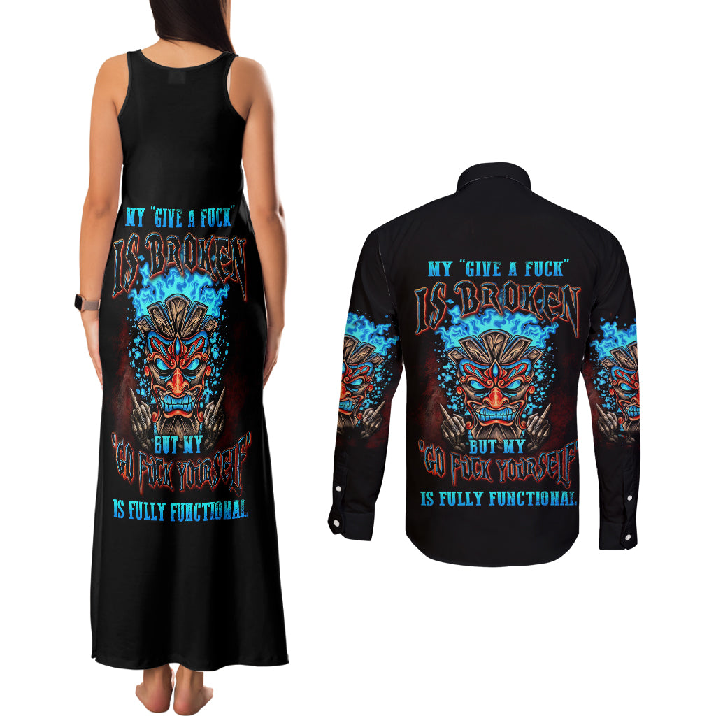 tiki-skull-couples-matching-tank-maxi-dress-and-long-sleeve-button-shirts-i-give-a-fuck-is-broken-but-my-go-fuck-yourself