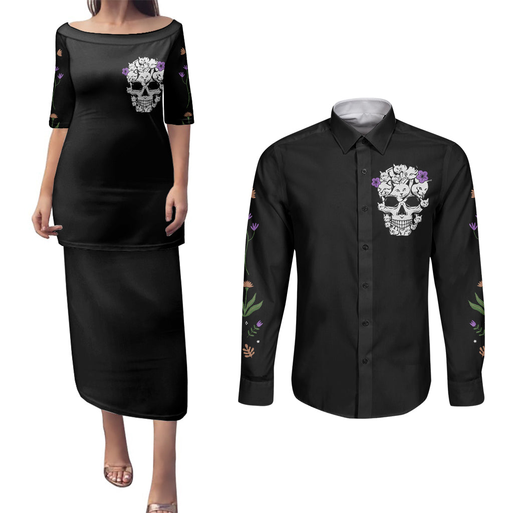 cat-skull-couples-matching-puletasi-dress-and-long-sleeve-button-shirts-purr-evill