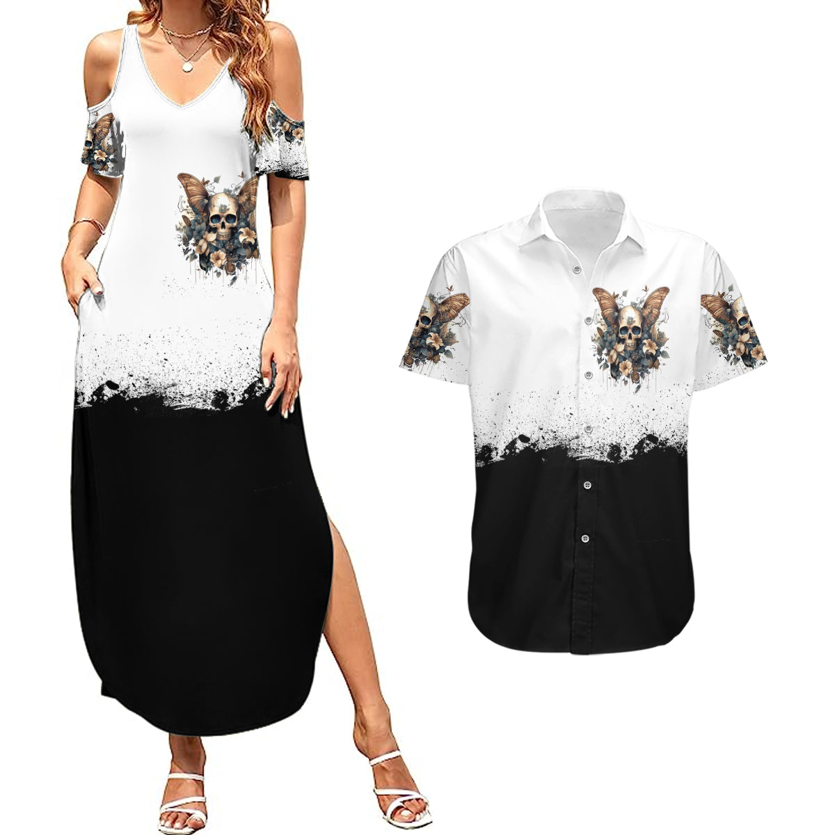 butterfly-skull-couples-matching-summer-maxi-dress-and-hawaiian-shirt-flower-butterfly-gothic-skull