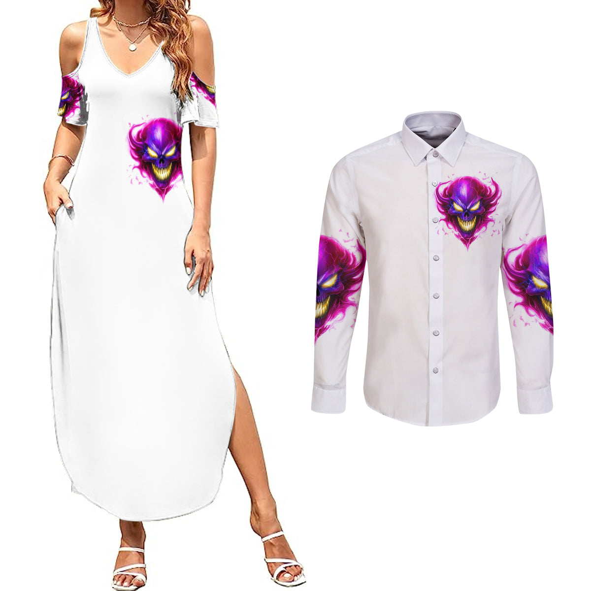 flame-skull-couples-matching-summer-maxi-dress-and-long-sleeve-button-shirts-walk-away-i-have-anger-issues-and-dislike-for-stupod-people