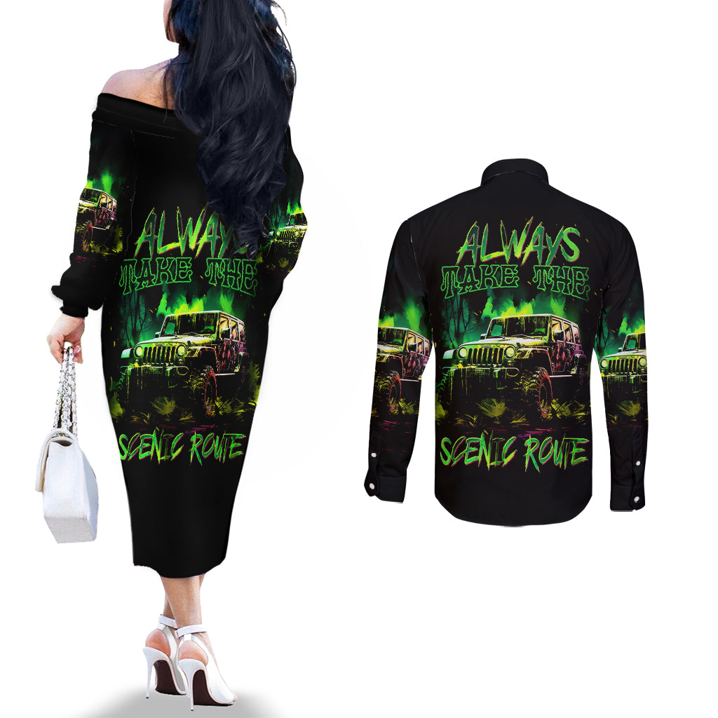 off-road-jeep-couples-matching-off-the-shoulder-long-sleeve-dress-and-long-sleeve-button-shirt-always-take-the-scenic-route