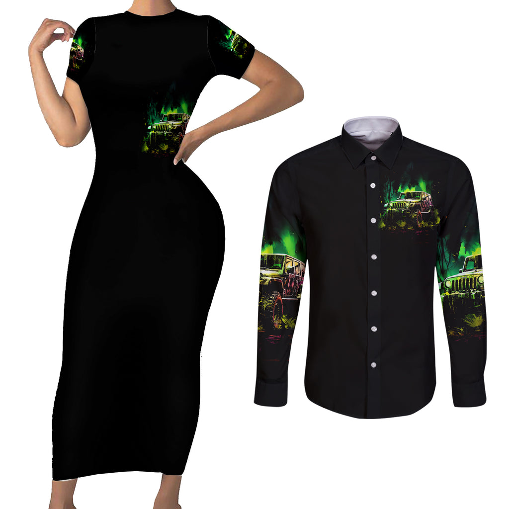 off-road-jeep-couples-matching-short-sleeve-bodycon-dress-and-long-sleeve-button-shirt-always-take-the-scenic-route