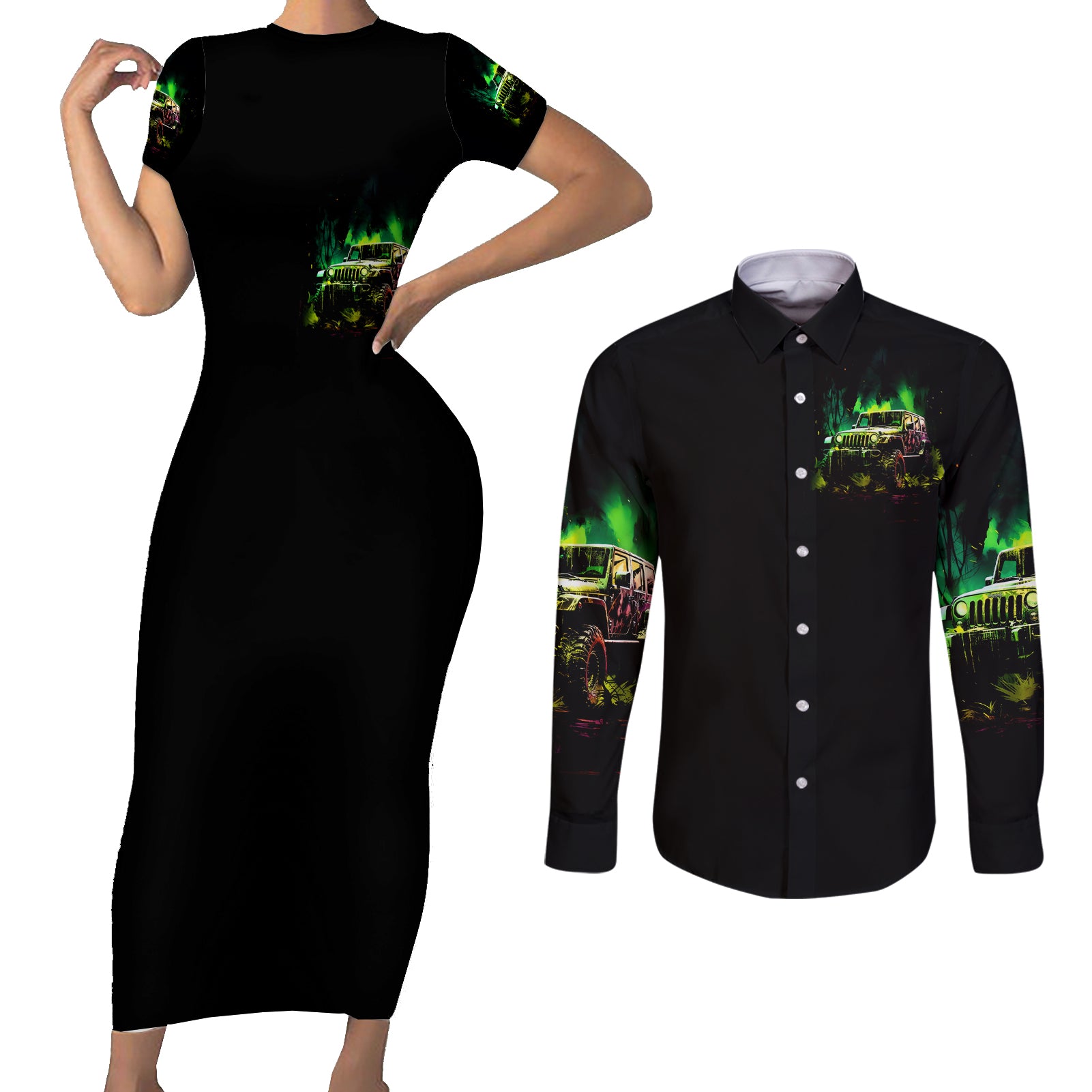 off-road-jeep-couples-matching-short-sleeve-bodycon-dress-and-long-sleeve-button-shirt-always-take-the-scenic-route