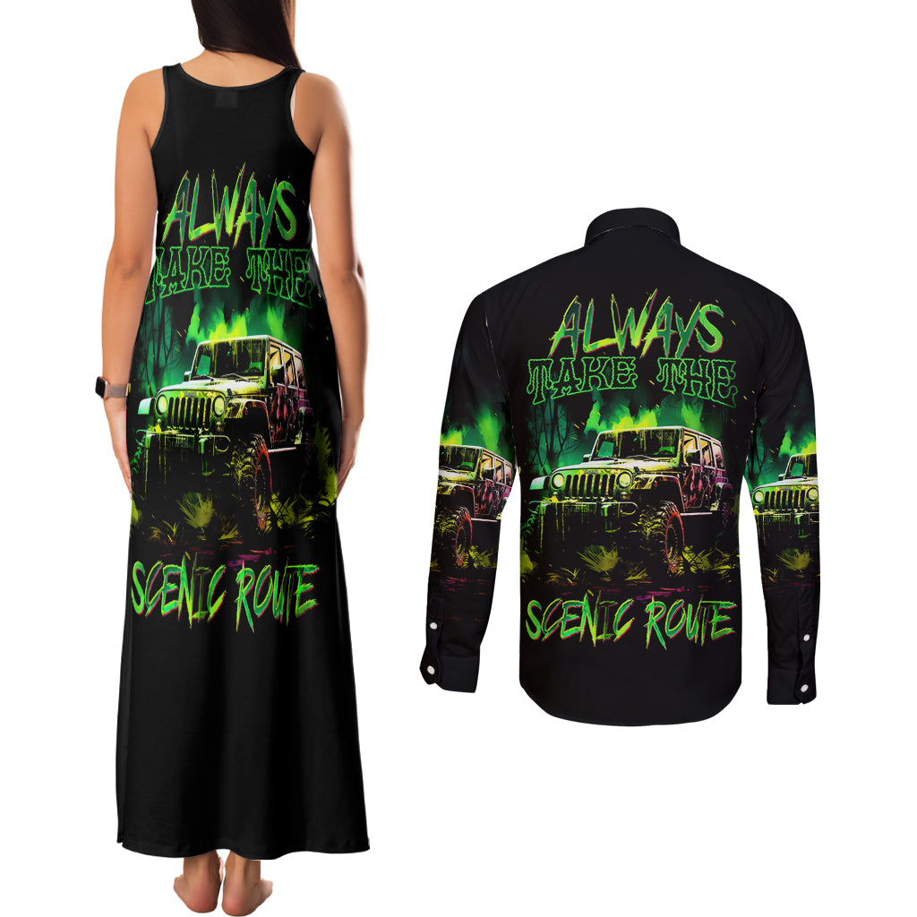 off-road-jeep-couples-matching-tank-maxi-dress-and-long-sleeve-button-shirt-always-take-the-scenic-route
