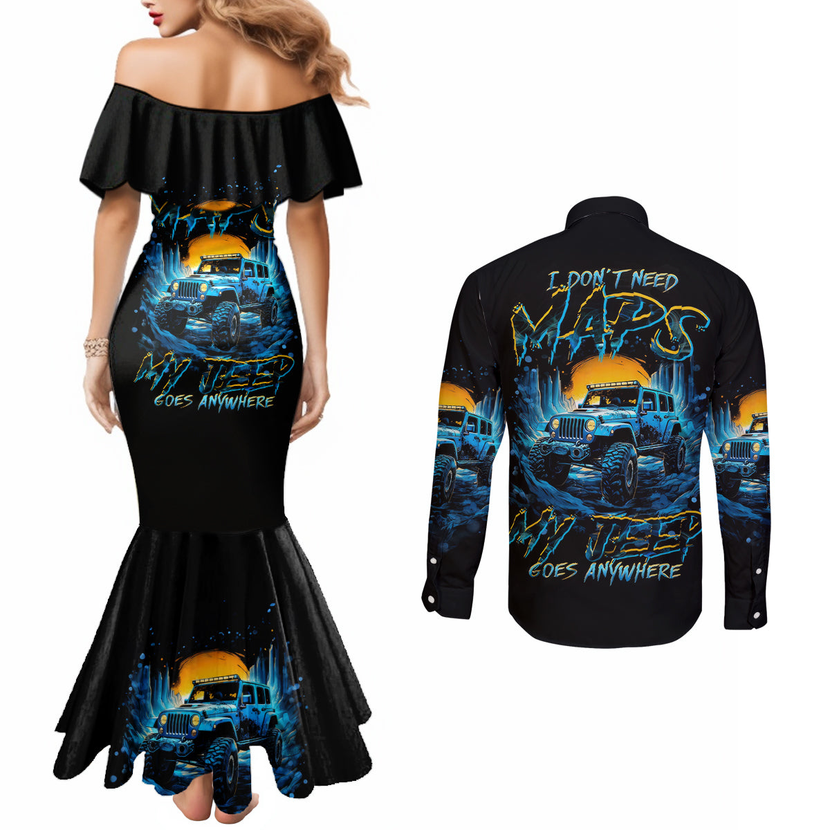 aventure-jeep-couples-matching-mermaid-dress-and-long-sleeve-button-shirt-i-dont-need-maps-my-jeep-goes-anywhere