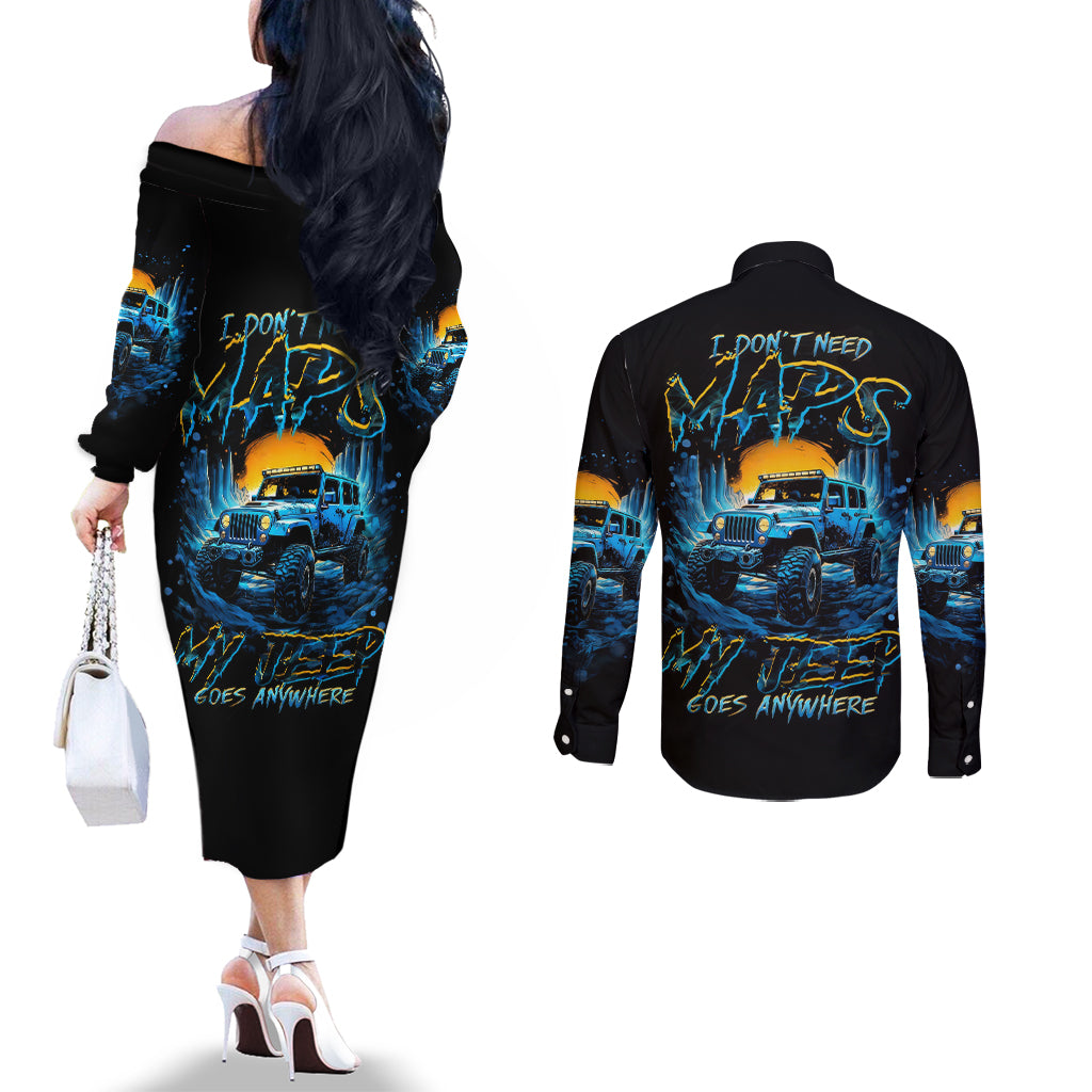 aventure-jeep-couples-matching-off-the-shoulder-long-sleeve-dress-and-long-sleeve-button-shirt-i-dont-need-maps-my-jeep-goes-anywhere