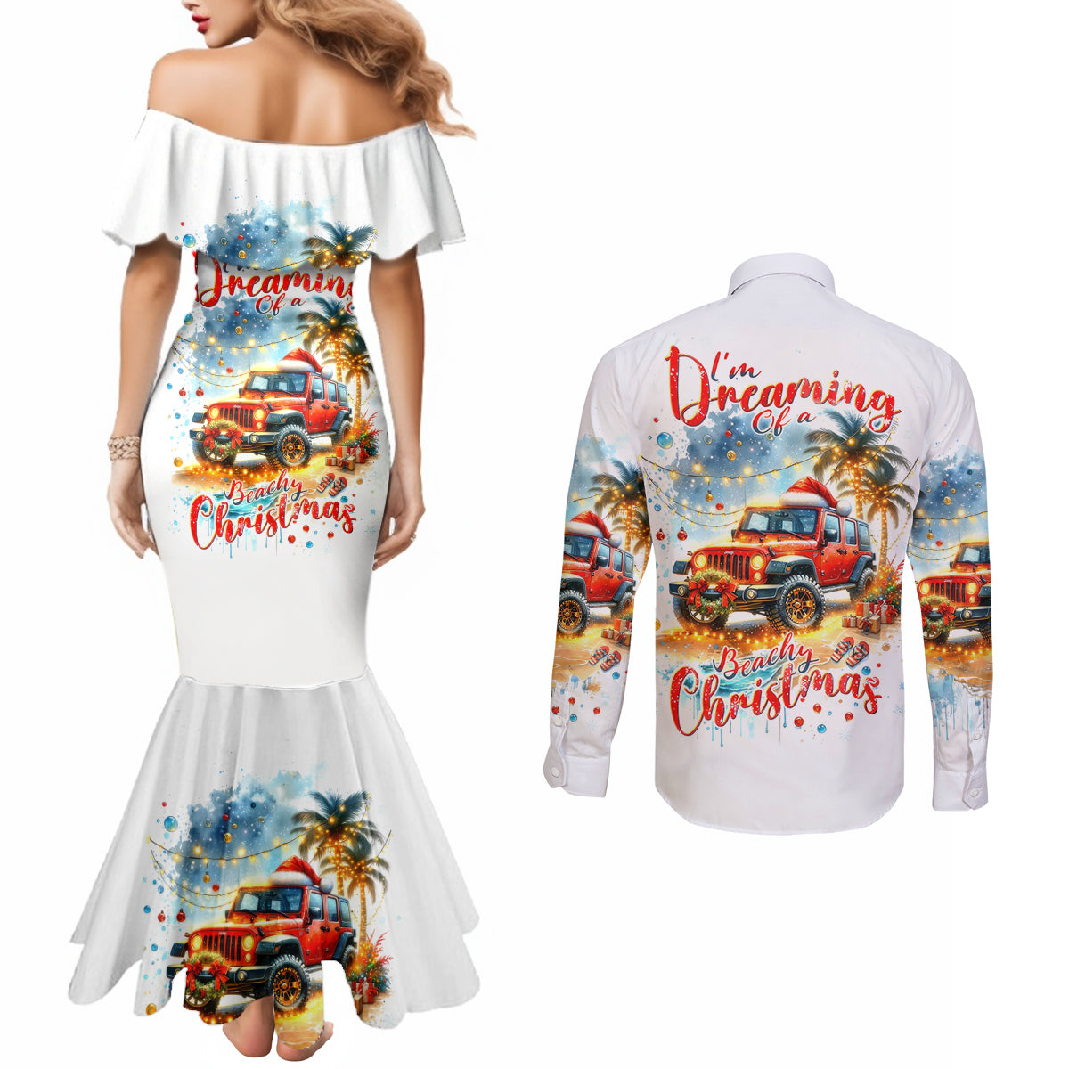 christmas-beach-jeep-couples-matching-mermaid-dress-and-long-sleeve-button-shirt-im-dreaming-of-a-beachy-christmas