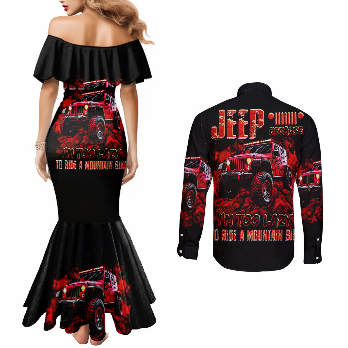 red-jeep-couples-matching-mermaid-dress-and-long-sleeve-button-shirt-jeep-because-im-too-lazy-to-ride-a-mountain-bike