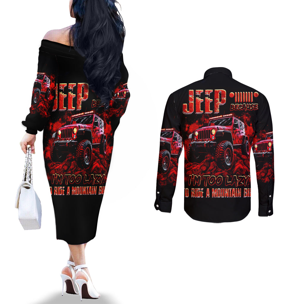 red-jeep-couples-matching-off-the-shoulder-long-sleeve-dress-and-long-sleeve-button-shirt-jeep-because-im-too-lazy-to-ride-a-mountain-bike
