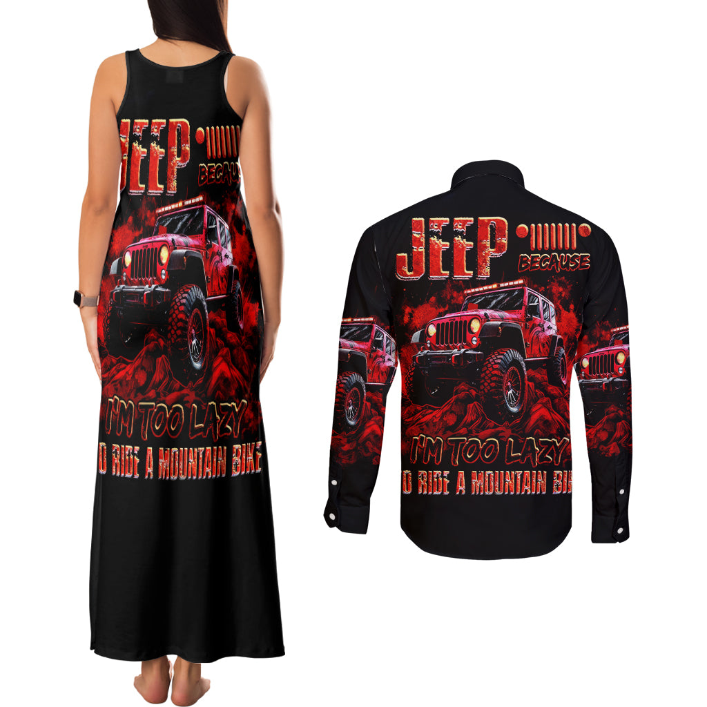 red-jeep-couples-matching-tank-maxi-dress-and-long-sleeve-button-shirt-jeep-because-im-too-lazy-to-ride-a-mountain-bike