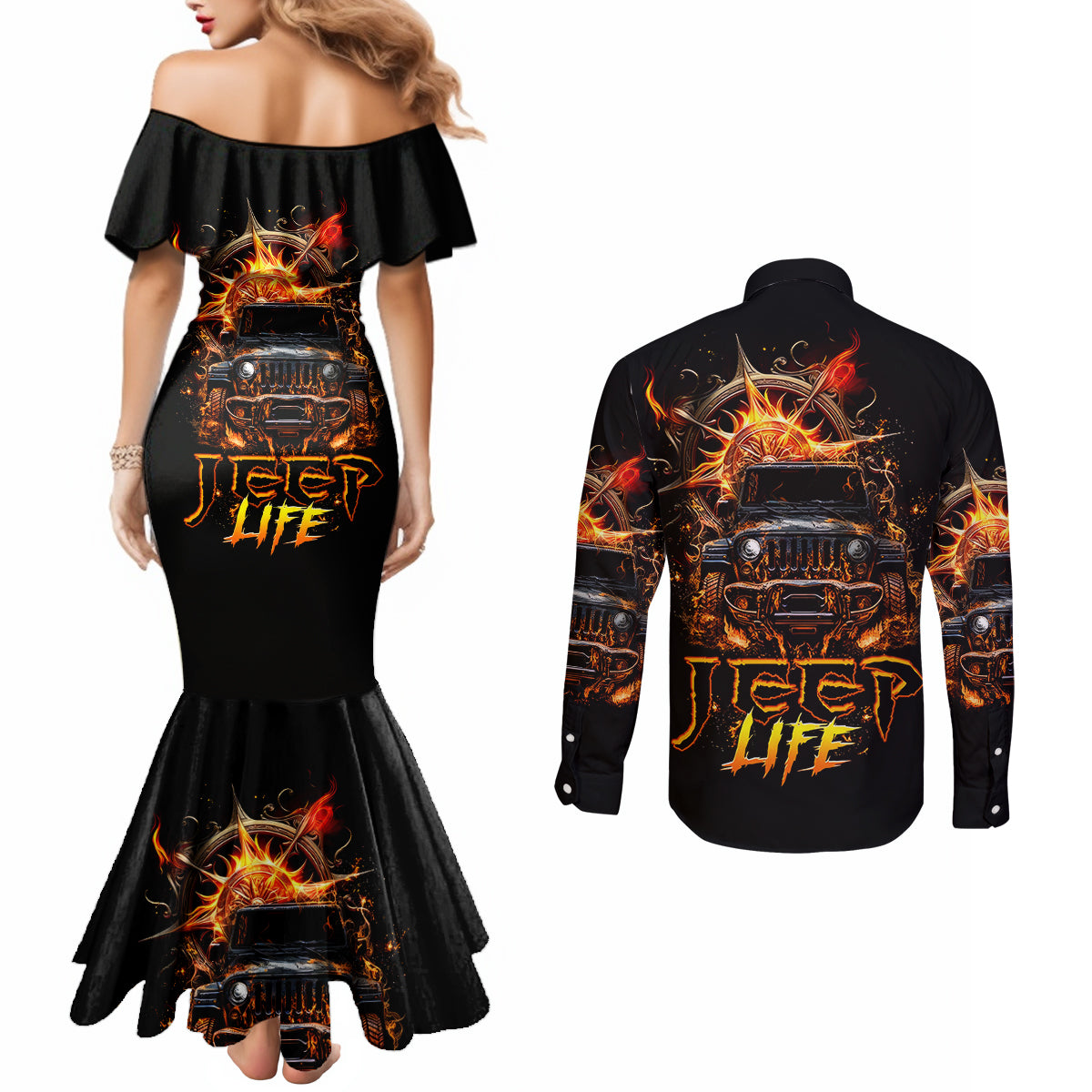 flame-compass-jeep-couples-matching-mermaid-dress-and-long-sleeve-button-shirt-fire-jeep-life