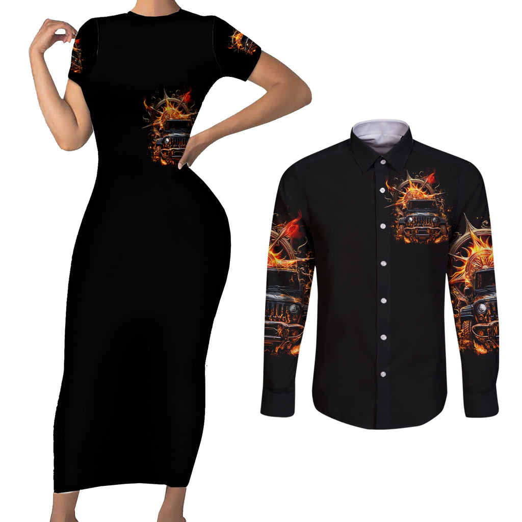 flame-compass-jeep-couples-matching-short-sleeve-bodycon-dress-and-long-sleeve-button-shirt-fire-jeep-life