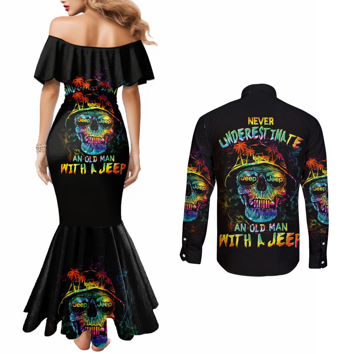 skull-jeep-couples-matching-mermaid-dress-and-long-sleeve-button-shirt-never-underestimate-an-old-man-with-a-jeep