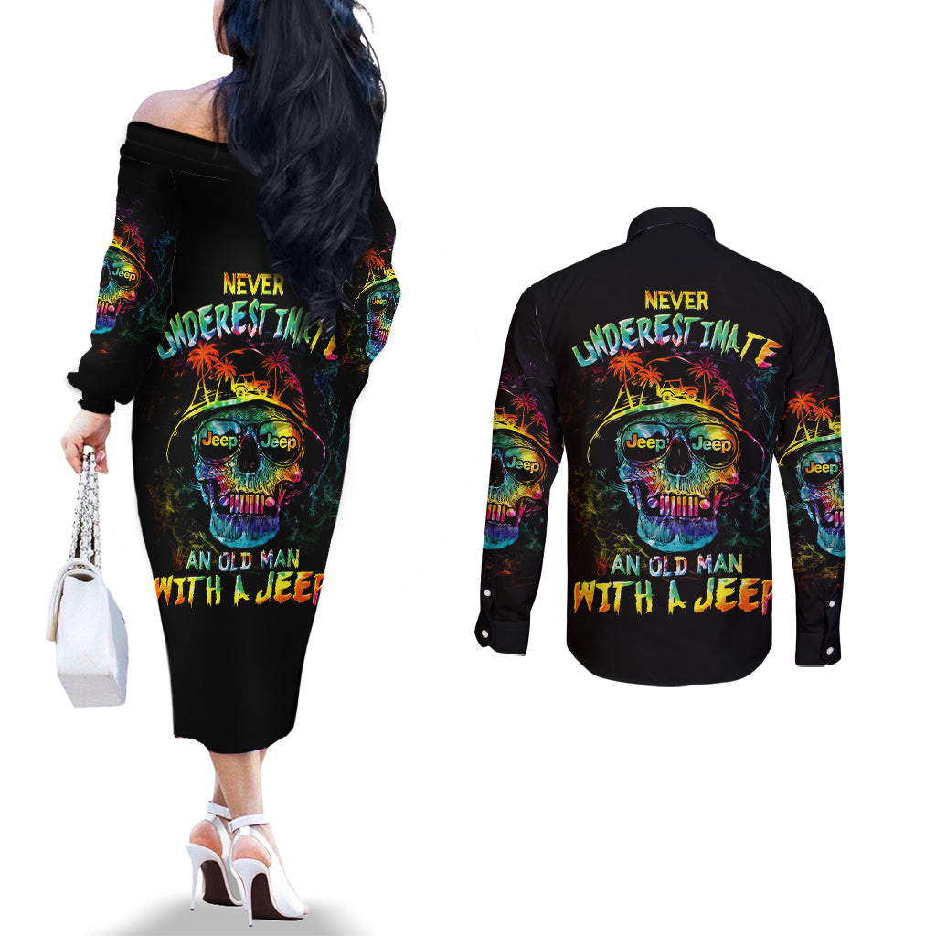 skull-jeep-couples-matching-off-the-shoulder-long-sleeve-dress-and-long-sleeve-button-shirt-never-underestimate-an-old-man-with-a-jeep