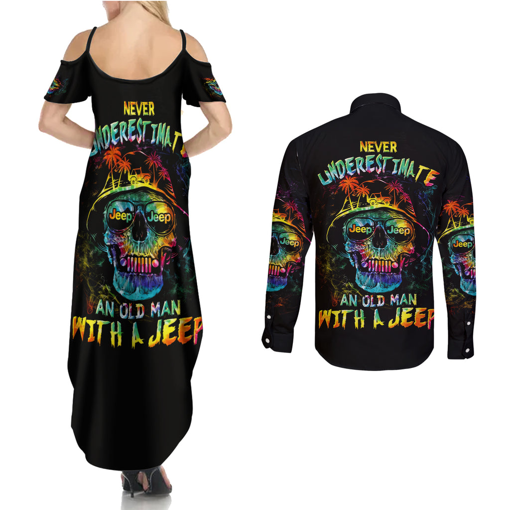 skull-jeep-couples-matching-summer-maxi-dress-and-long-sleeve-button-shirt-never-underestimate-an-old-man-with-a-jeep